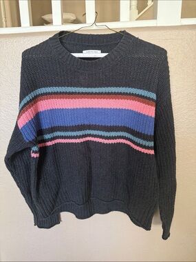 American Eagle Women’s Black Striped Crewneck Sweater with Pink & Blue Accents